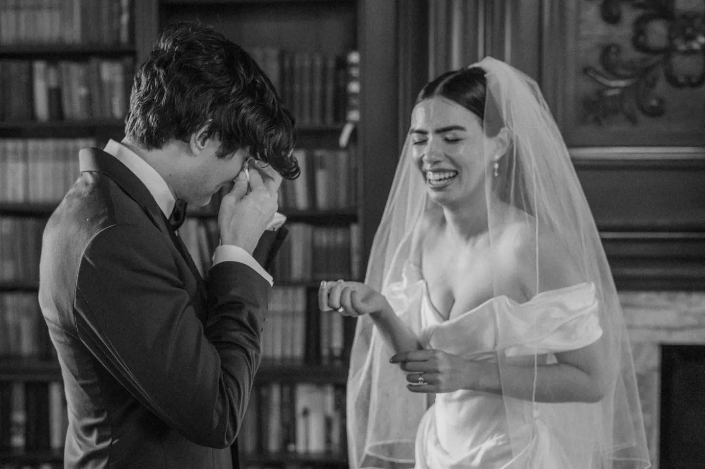 A layered emotional moment during a wedding first look