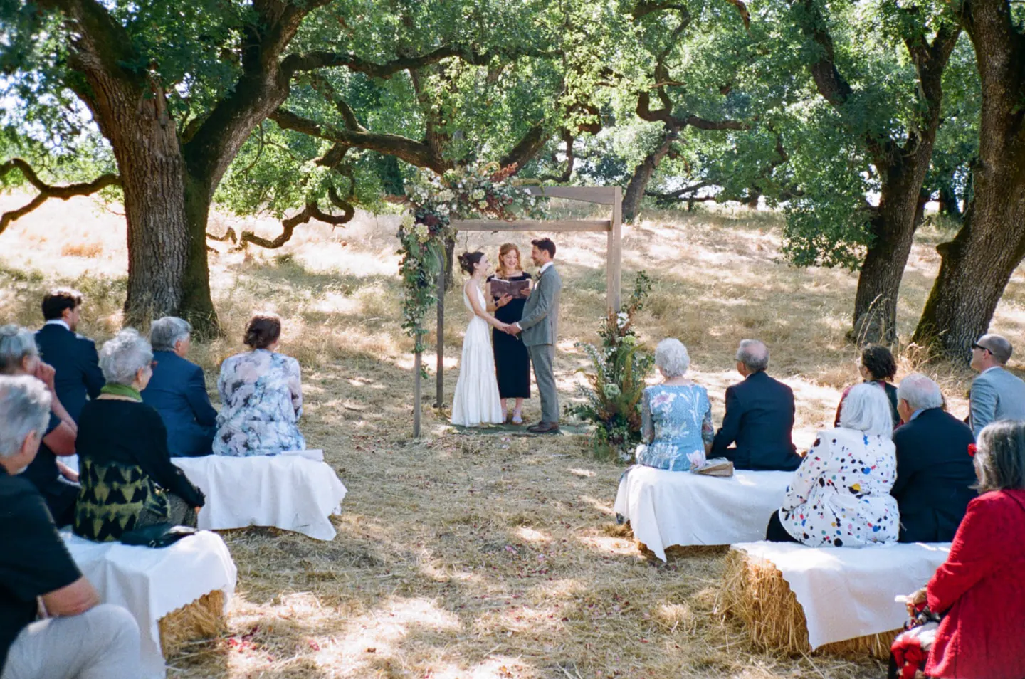 A wedding ceremony beneath old oak trees in Northern California