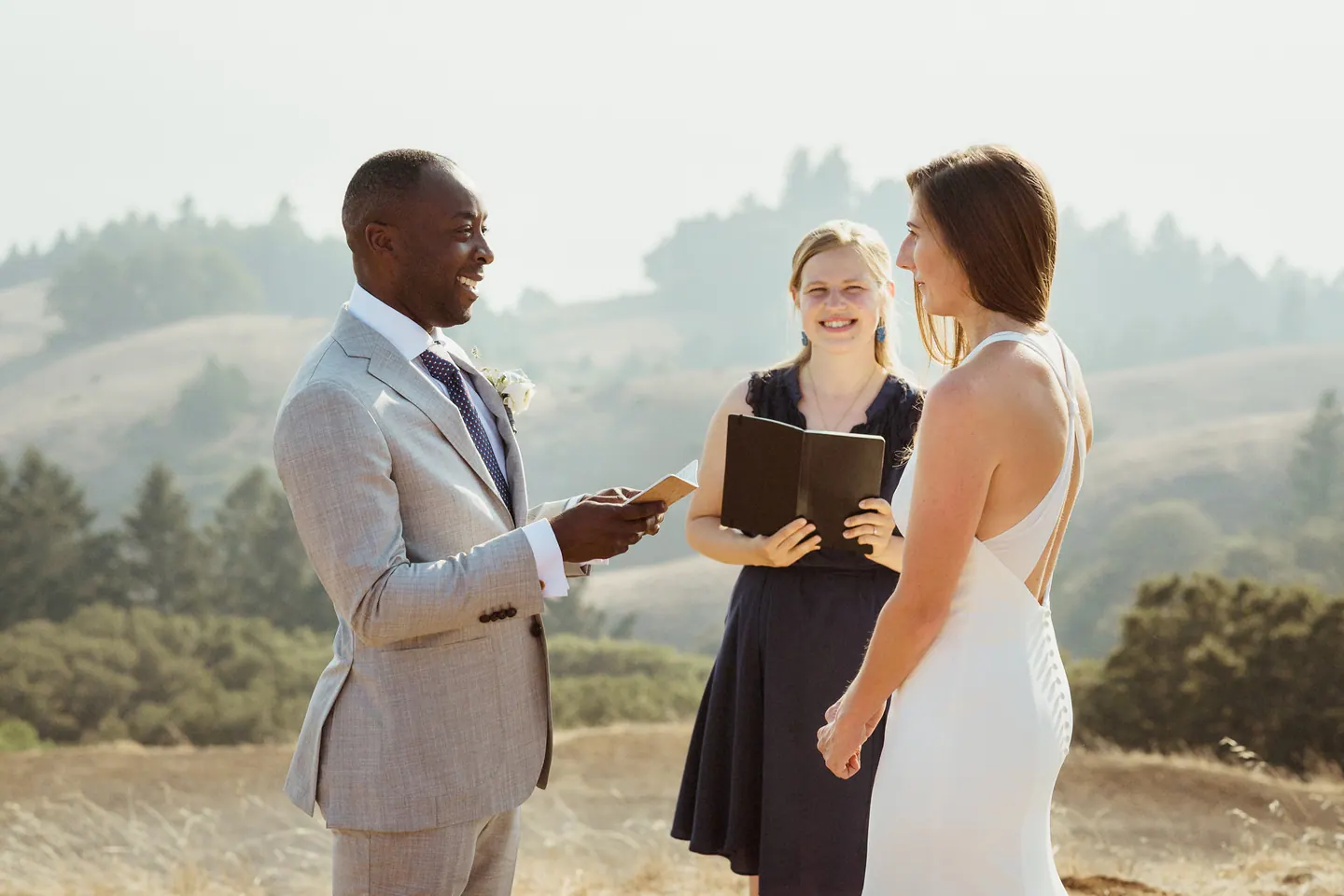 A couple exchanging vows during a small Mount Tam elopement