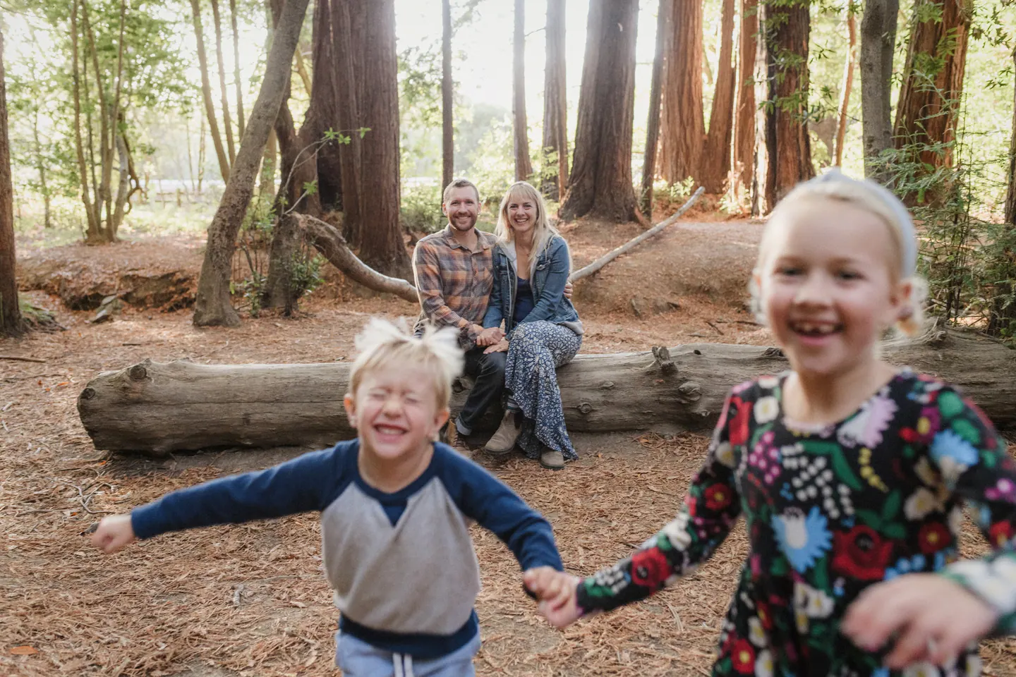 Children running toward the camera during a relaxed family session in the redwoods