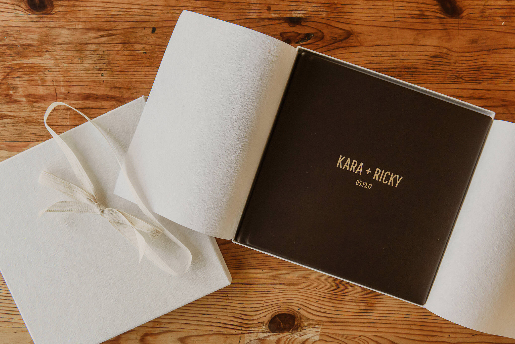 A panoramic wedding story spread printed across a lay-flat album